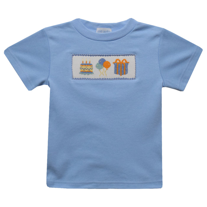 Birthday Smocked Light Blue Knit Short Sleeve Boys Tee Shirt