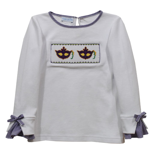 Mardi Gras Smocked White Knit Long Sleeve Girls Blouse With Rib Cuffs