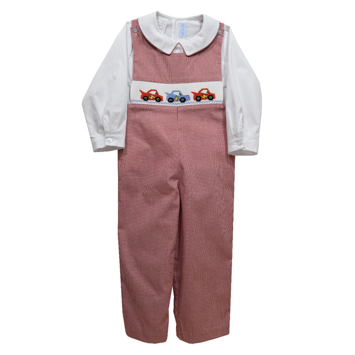 Racing Cars Smocked Red Check Boys Long Jon Jon and Shirt Long Sleeve