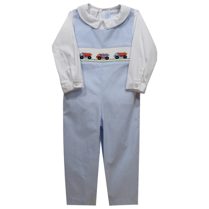 Dump Truck Smocked Light Blue Check Boys Long Jon Jon and Shirt Long Sleeve