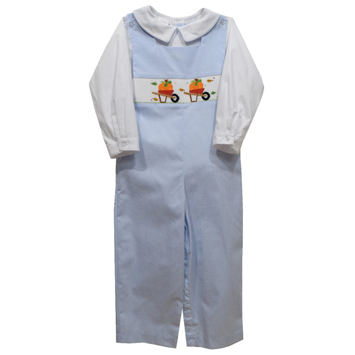 Pumpkin Cart Smocked Light Blue Check Boys Long Jon Jon and Shirt Long Sleeve
