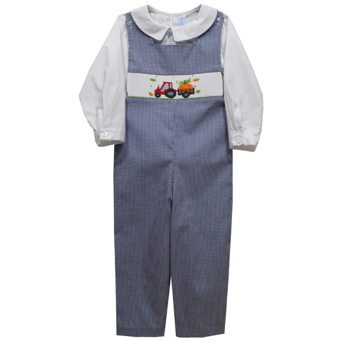 Tractor Pumpkin Smocked Navy Check Boys Long Jon Jon and Shirt Long Sleeve