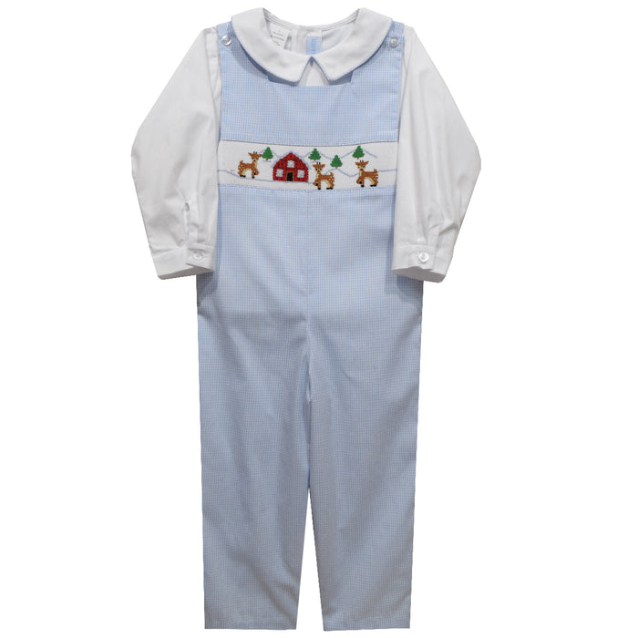 Snow Reindeers Smocked Light Blue Check Boys Long Jon Jon and Shirt Long Sleeve