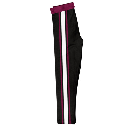 Maroon and White Stripes Black Leggings Tights