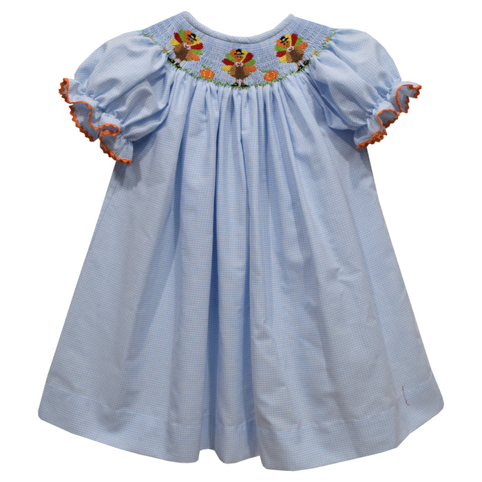 Thanksgiving Smocked Light Blue Check Short Sleeve Girls Bishop