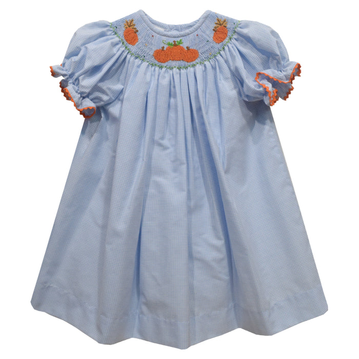 Pumpkins Cluster Smocked Light Blue Check Short Sleeve Girls Bishop