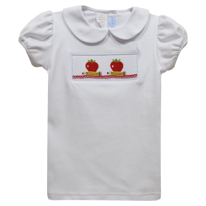 Apples and Pencils White Girls Knit Peter Pan Collar Blouse Short Sleeve