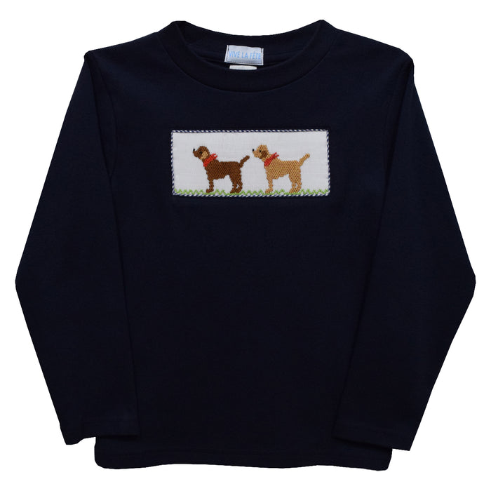 Labrador Smocked Navy Blue Knit Long Sleeve Boys Tee Shirt