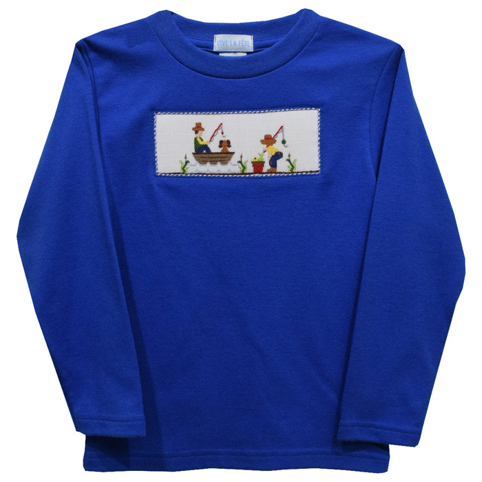 Fishing Day Smocked Royal Blue Knit Long Sleeve Boys Tee Shirt