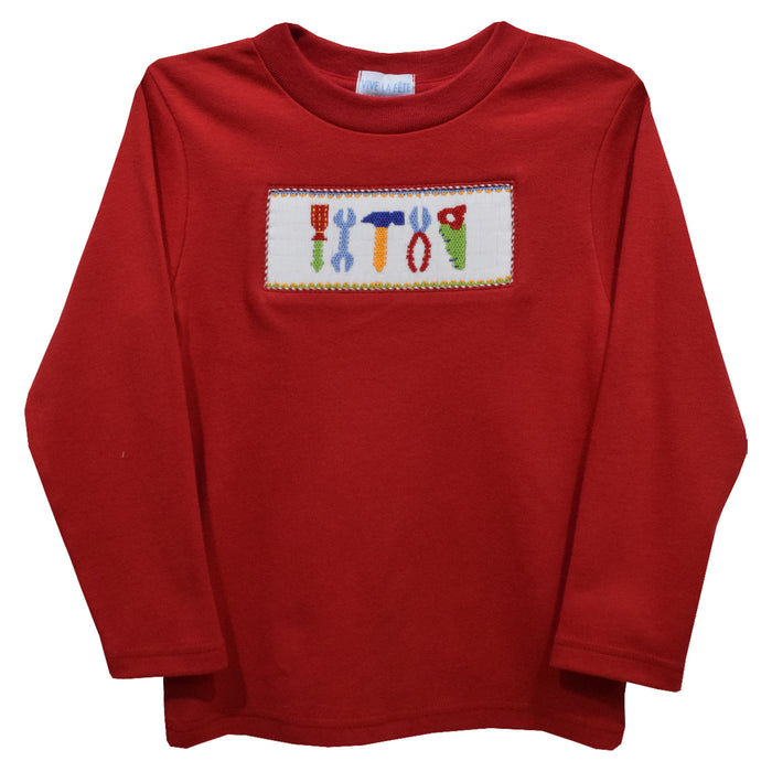 Red Tools Smocked Red Knit Long Sleeve Boys Tee Shirt