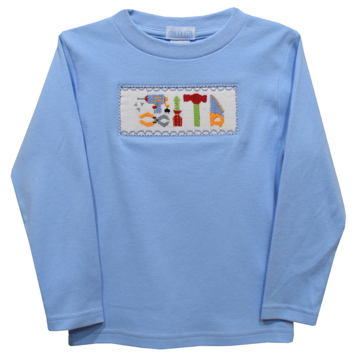 Blue Tools Smocked Light Blue Knit Long Sleeve Boys Tee Shirt