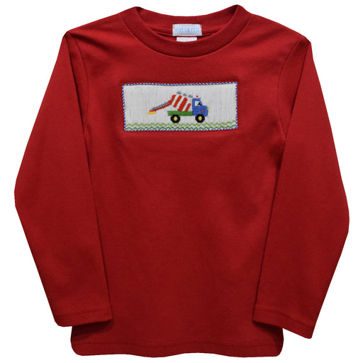 Mixing Truck Smocked Red Knit Long Sleeve Boys Tee Shirt