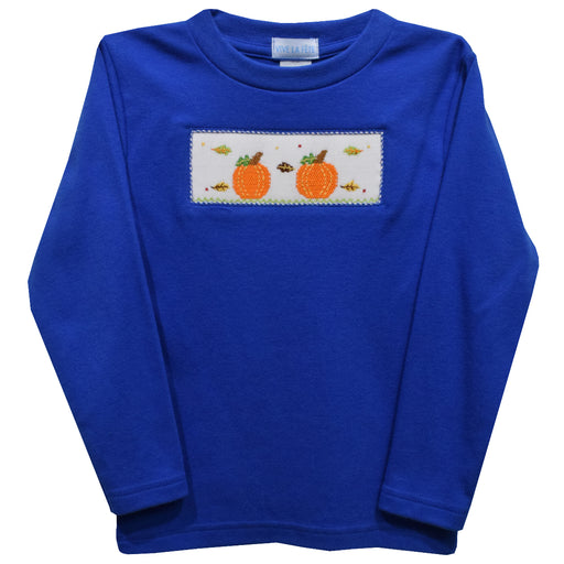 Pumpkins Fall Smocked Royal Blue Knit Long Sleeve Boys Tee Shirt