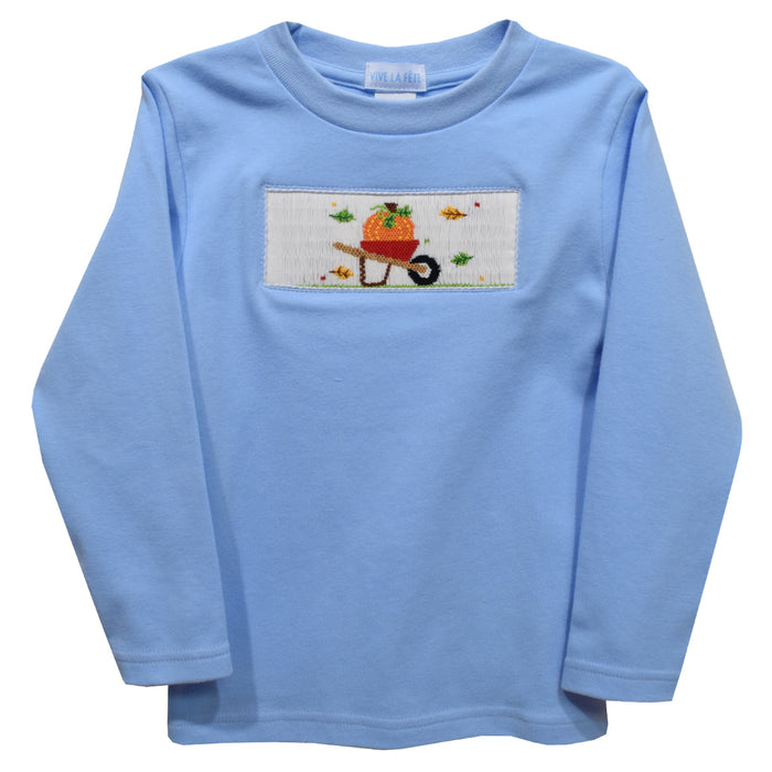 Pumpkin Cart Smocked Light Blue Knit Long Sleeve Boys Tee Shirt