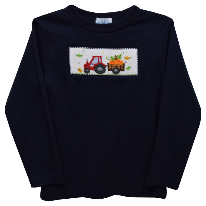 Tractor Pumpkin Smocked Navy Blue Knit Long Sleeve Boys Tee Shirt