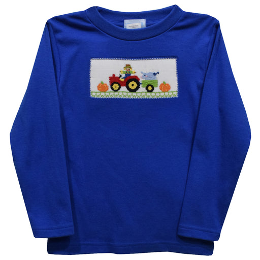 Farm Smocked Royal Blue Knit Long Sleeve Boys Tee Shirt