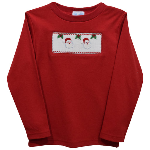 Santa Faces Smocked Red Knit Long Sleeve Boys Tee Shirt