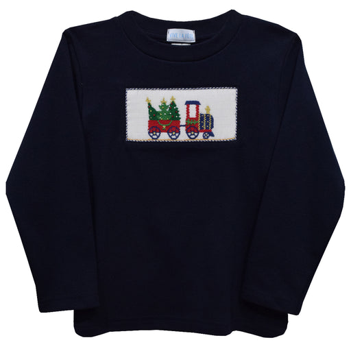 Train & Christmas Tree Smocked Navy Blue knit Long Sleeve Boys Tee Shirt