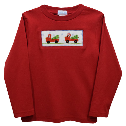 Christmas Truck Smocked Red Knit Long Sleeve Boys Tee Shirt