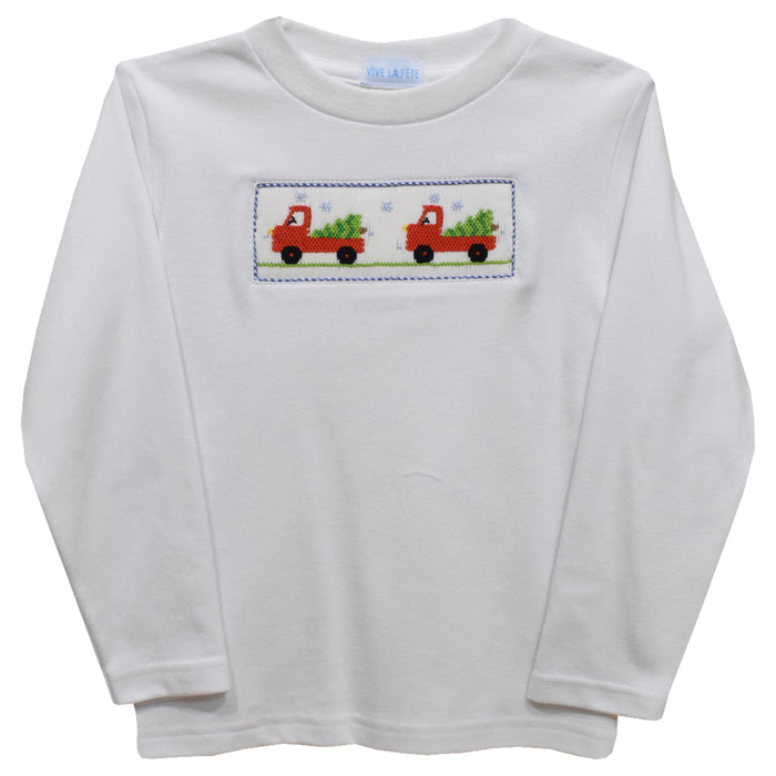 Christmas Trucks White Knit Long Sleeve Boys Tee Shirt