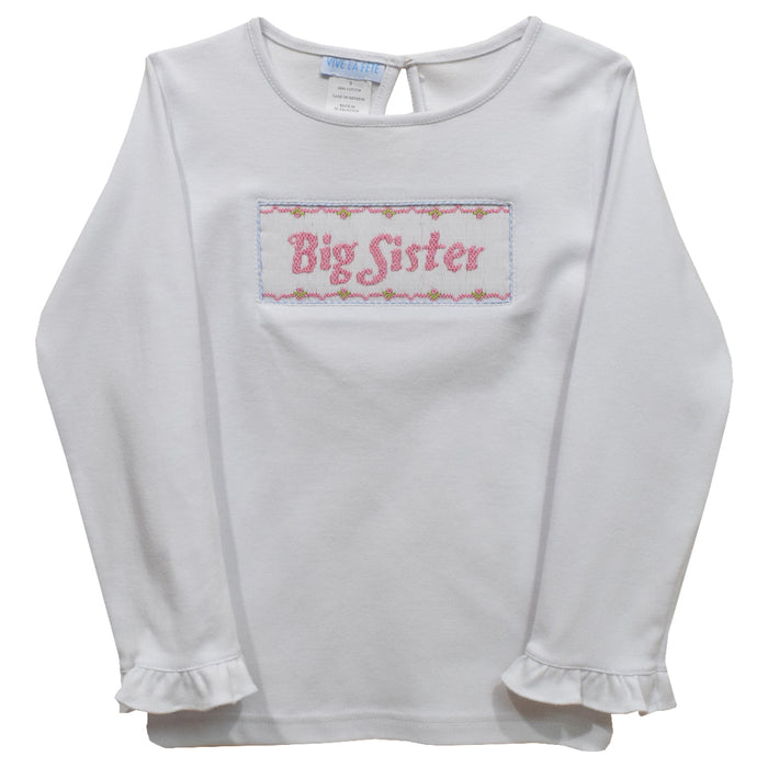 Big Sister Smocked White Knit Ruffle Long Sleeve Girls Tee Shirt