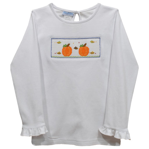 Pumpkins Fall Smocked White Knit Ruffle Long Sleeve Girls Tee Shirt