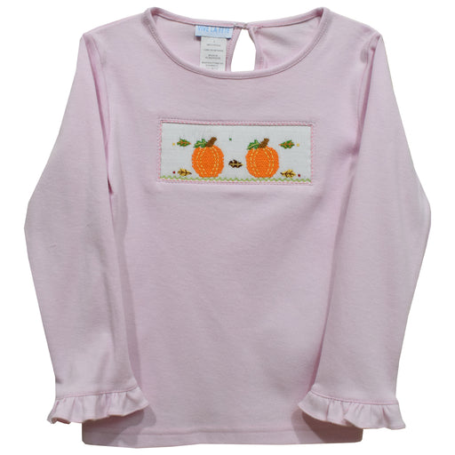 Pumpkins Fall Smocked Light Pink Knit Ruffle Long Sleeve Girls Tee Shirt