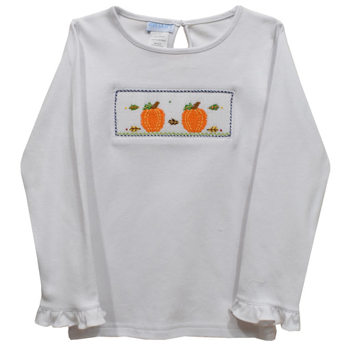 Pumpkins Smocked White Knit Ruffle Long Sleeve Girls Tee Shirt