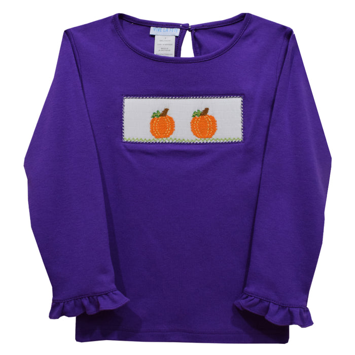 Pumpkins Smocked Purple Knit Ruffle Long Sleeve Girls Tee Shirt