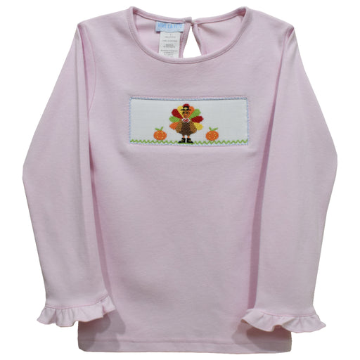 Thanksgiving Smocked Light Pink Knit Ruffle Long Sleeve Girls Tee Shirt