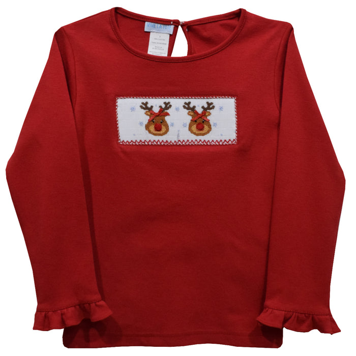 Rudolphs Smocked Red Knit Ruffle Long Sleeve Girls Tee Shirt