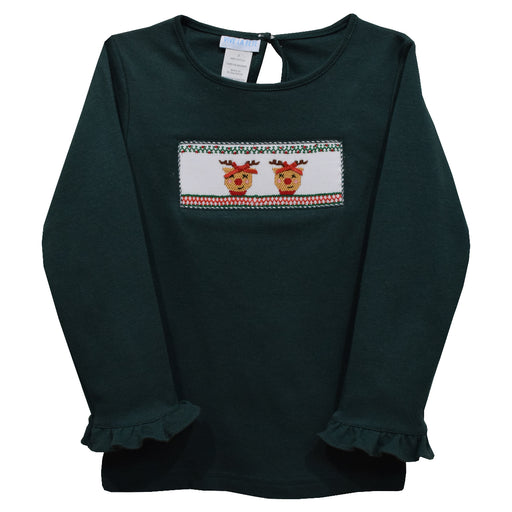Rudolph the Red Nosed Reindeer Smocked Hunter Green Knit Ruffle Long Sleeve Girls Tee Shirt