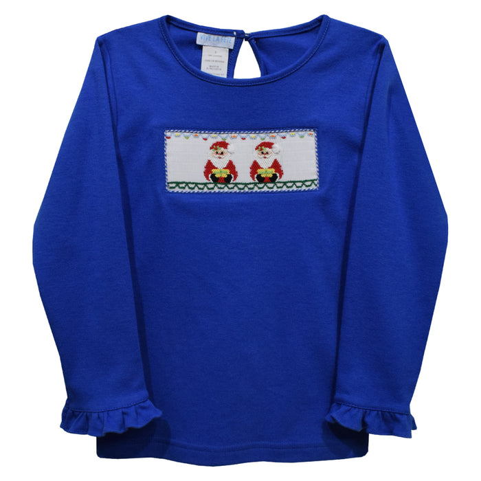 Santa Claus Smocked Royal Blue Knit Long Sleeve Boys Tee Shirt