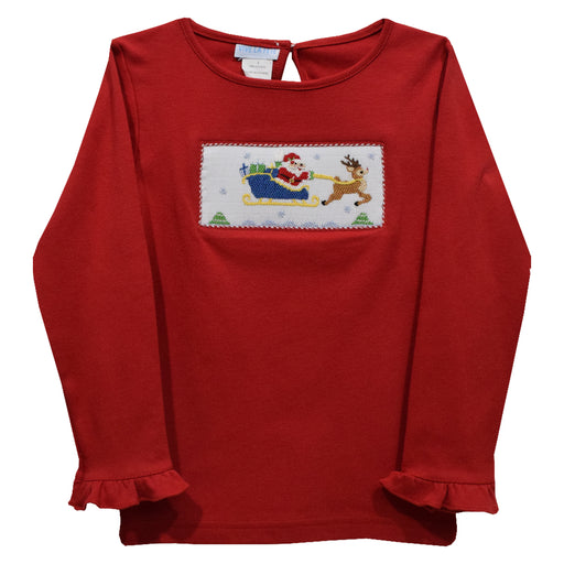 Santa Sleigh Smocked Red Knit Ruffle Long Sleeve Girls Tee Shirt