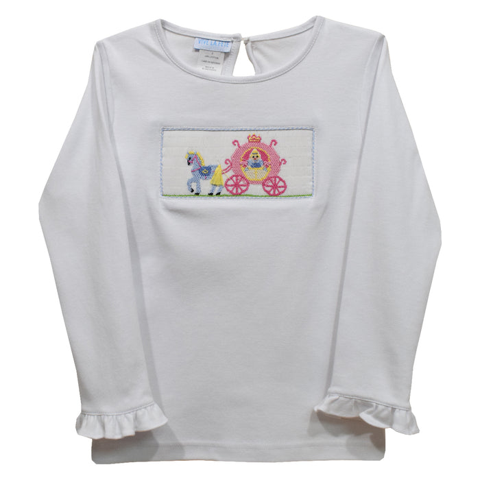 Princess Carriage Smocked White Knit Ruffle Long Sleeve Girls Tee Shirt