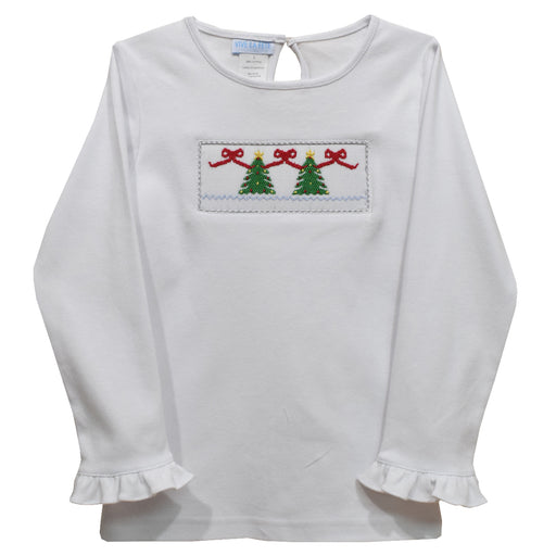Christmas Tree and Bows Smocked White Knit Ruffle Long Sleeve Girls Tee Shirt