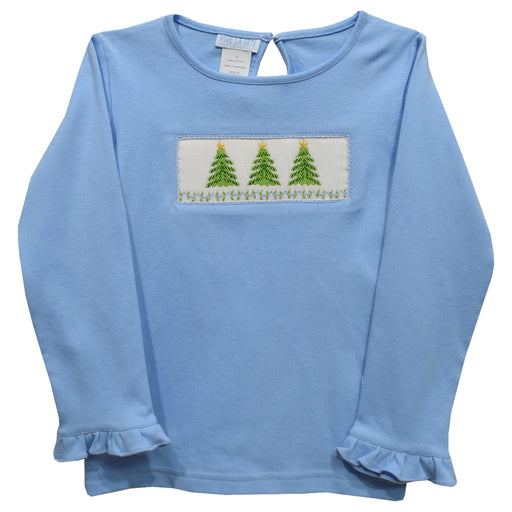 Christmas Tree Light Blue Knit Ruffle Long Sleeve Girls Tee Shirt