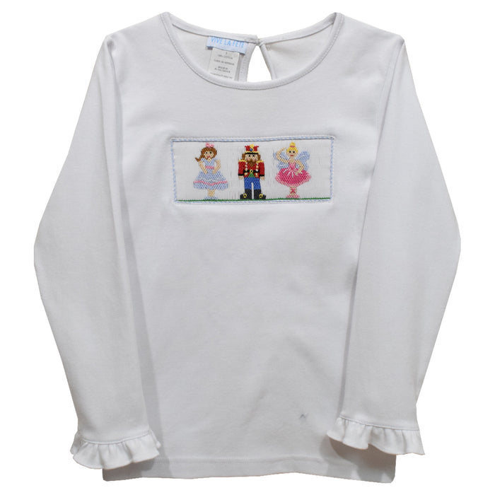 Nutcrackers Smocked White Knit Ruffle Long Sleeve Girls Tee Shirt