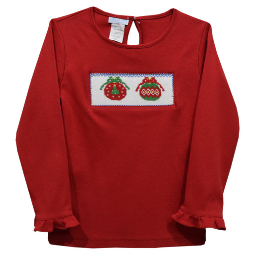 Christmas Ornaments Smocked Red Knit Ruffle Long Sleeve Girls Tee Shirt