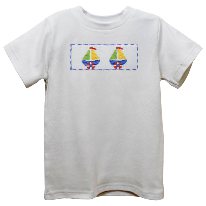 Sailboat White Knit Short Sleeve Boys Tee Shirt