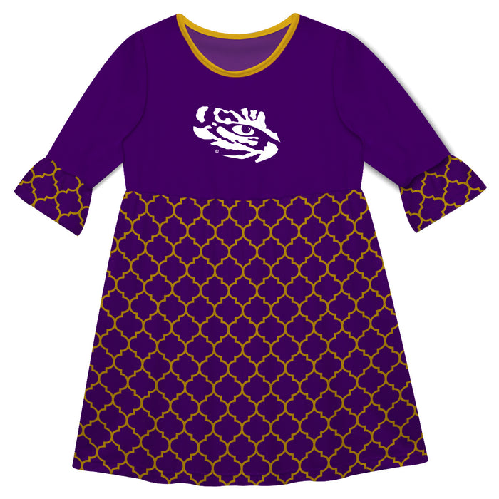 LSU Quatrefoil Purple Amy Dress Three Quarter Sleeve - Vive La Fête - Online Apparel Store